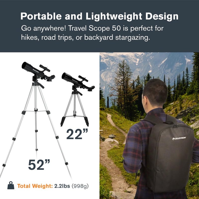 Celestron تلسكوب سيلسترون للسفر 50 - تلسكوب انكساري محمول - فتحة 50 مم، عدسات زجاجية مطلية بالكامل - يشمل حامل ثلاثي، حقيبة ظهر وبرامج - مثالي للمبتدئين والسفر - Image 4